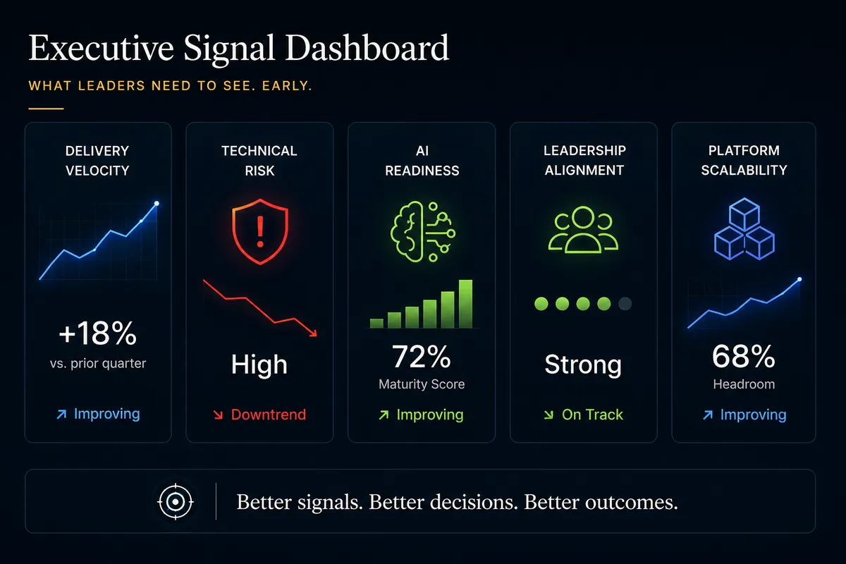 Executive signal dashboard for delivery velocity, technical risk, AI readiness, leadership alignment, and platform scalability.