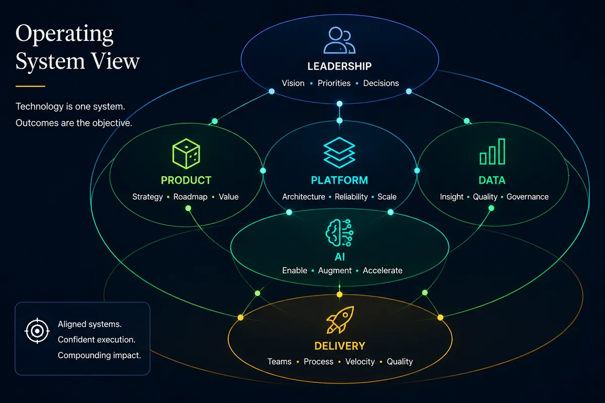 Leadership, product, platform, data, AI, and delivery connected in the Nimble CTO operating model.